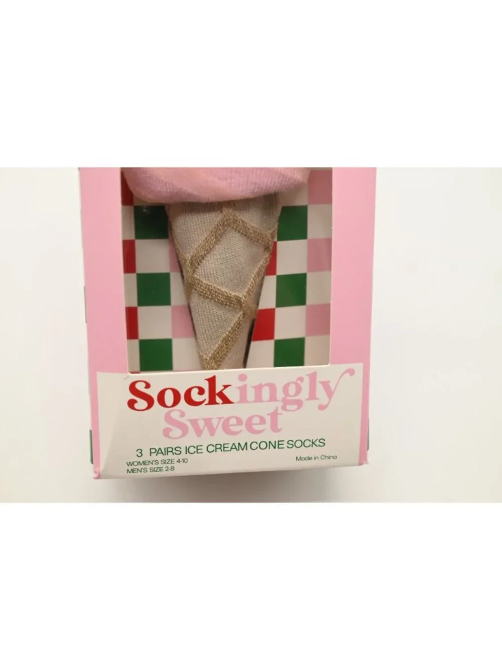NIP Sockingly Sweet 3 Pair Ice Cream Cone Socks Shoe Sz 4-10 Pink Brown Gift Box